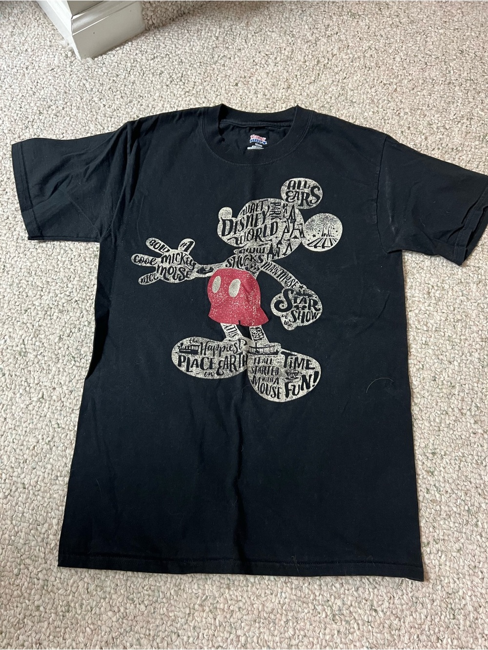 Disney Black Graphic Mickey Silhouette Tee with Red Shorts Accent